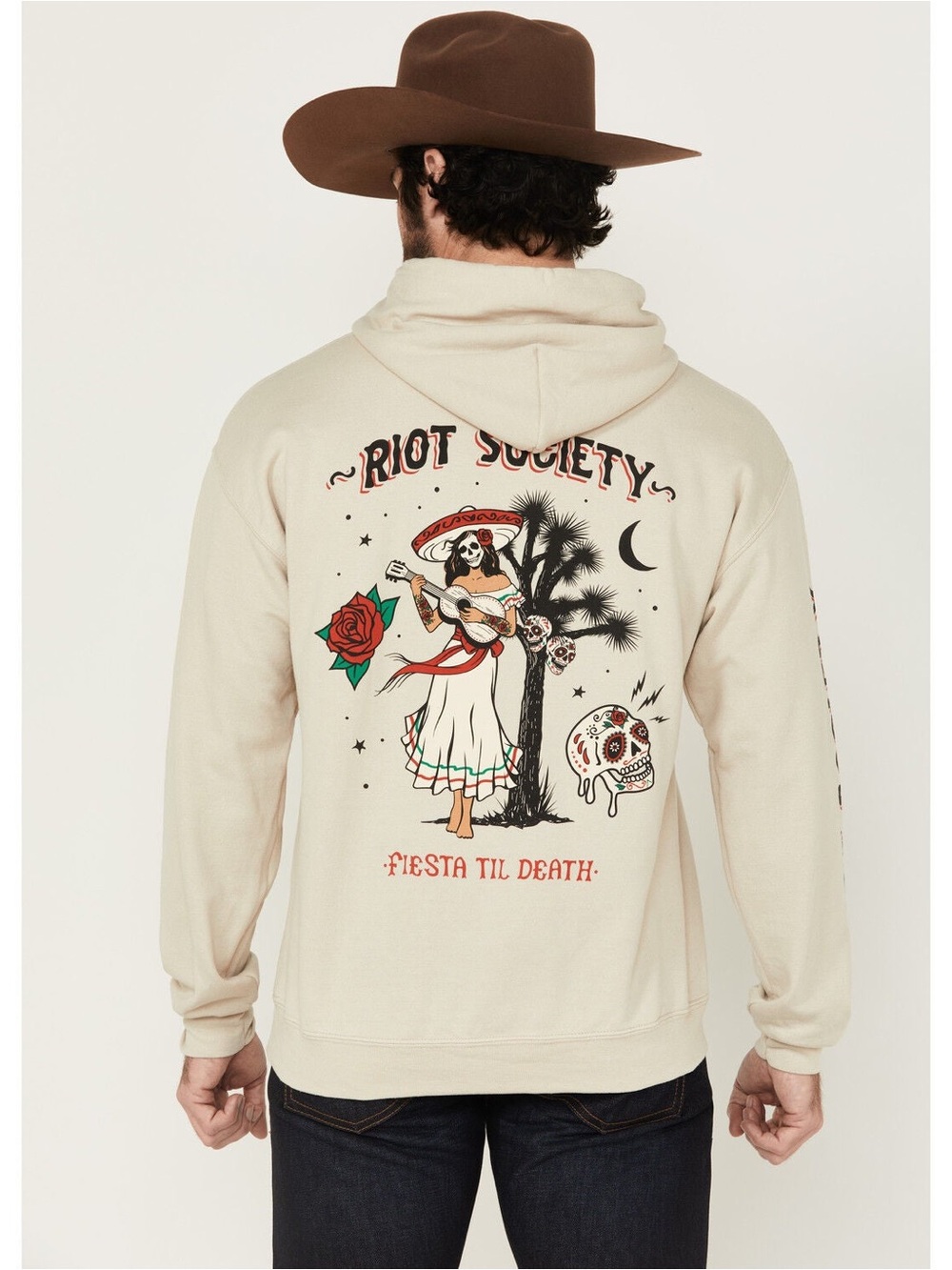 RIOT SOCIETY MEN'S FIESTA TIL DEATH COWGIRL GRAPHIC HOODED SWEATSHIRT Sz L